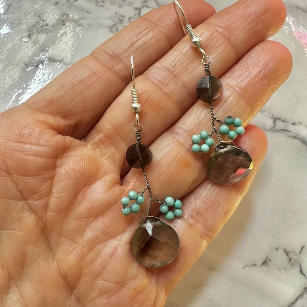 Smoky Quartz and turquoise dainty earrings